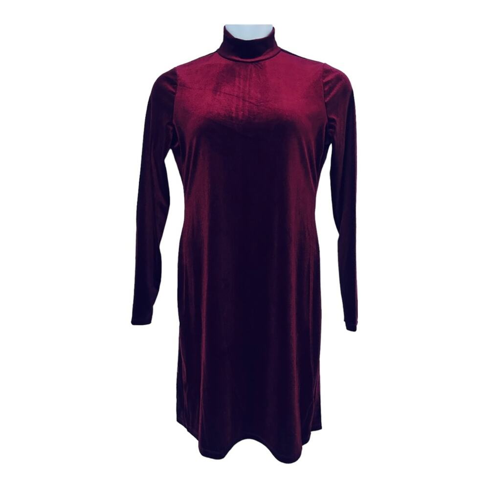 GB Red Velvet Stretch High Mock Neck Long Sleeve Holiday Cocktail Party Dress - Picture 3 of 16
